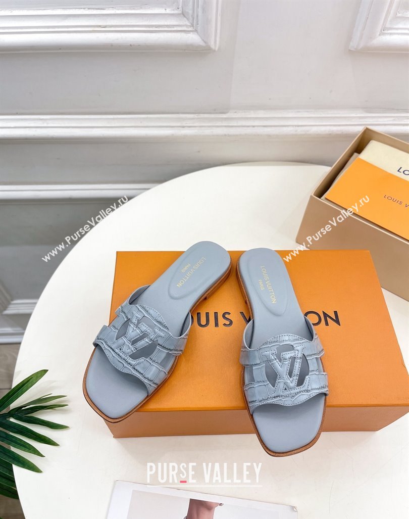 Louis Vuitton LV Isola Flat Slides Sandal in Embossed Leather Light Blue 2024 0606 (MD-240606129)