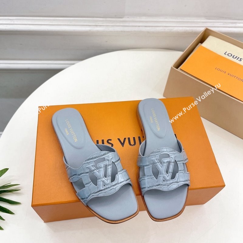 Louis Vuitton LV Isola Flat Slides Sandal in Embossed Leather Light Blue 2024 0606 (MD-240606129)