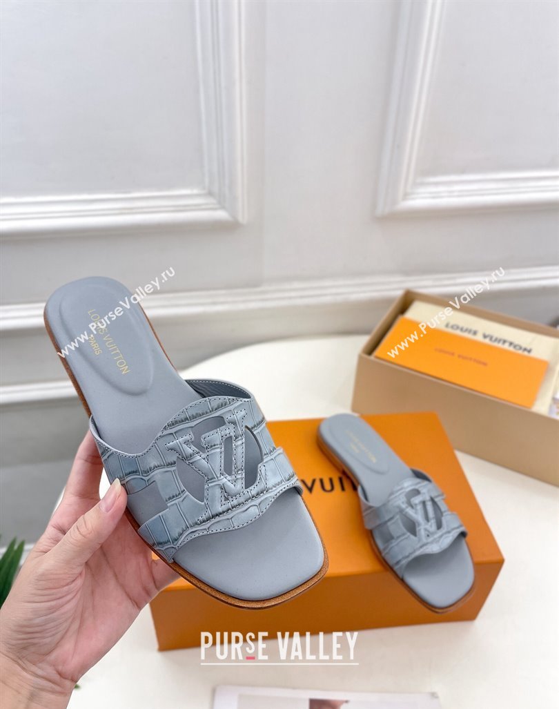 Louis Vuitton LV Isola Flat Slides Sandal in Embossed Leather Light Blue 2024 0606 (MD-240606129)