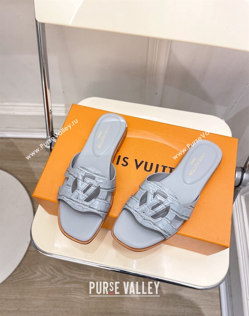 Louis Vuitton LV Isola Flat Slides Sandal in Embossed Leather Light Blue 2024 0606 (MD-240606129)