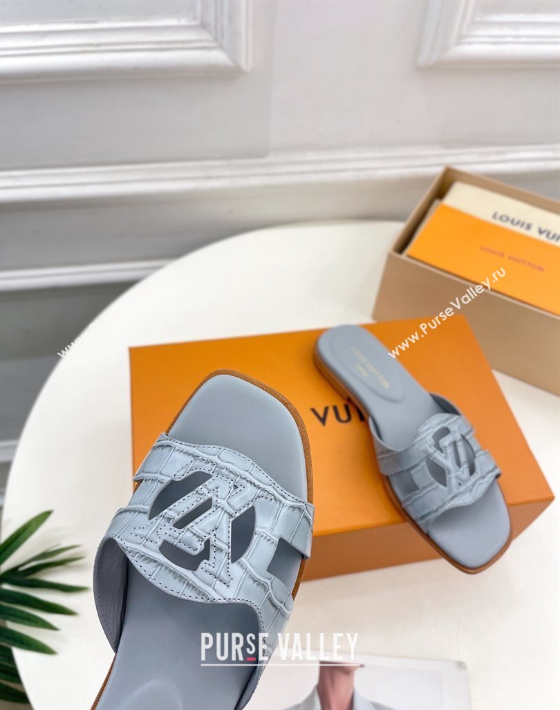 Louis Vuitton LV Isola Flat Slides Sandal in Embossed Leather Light Blue 2024 0606 (MD-240606129)