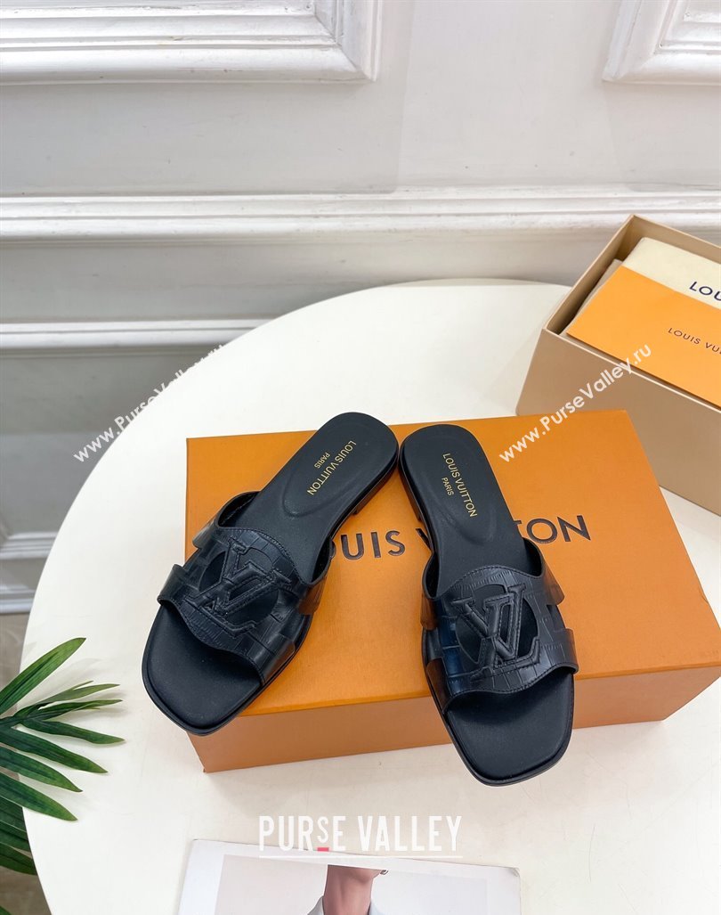 Louis Vuitton LV Isola Flat Slides Sandal in Embossed Leather Black 2024 0606 (MD-240606132)