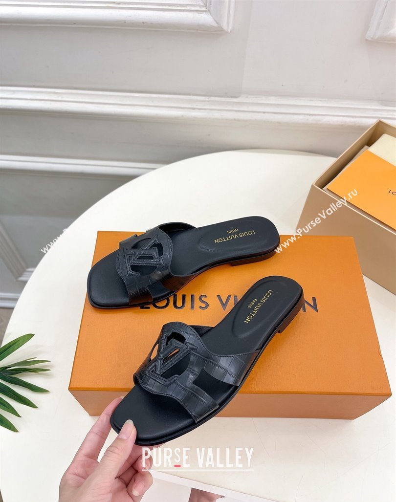 Louis Vuitton LV Isola Flat Slides Sandal in Embossed Leather Black 2024 0606 (MD-240606132)