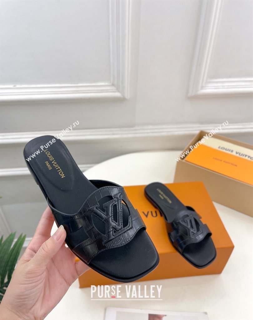 Louis Vuitton LV Isola Flat Slides Sandal in Embossed Leather Black 2024 0606 (MD-240606132)