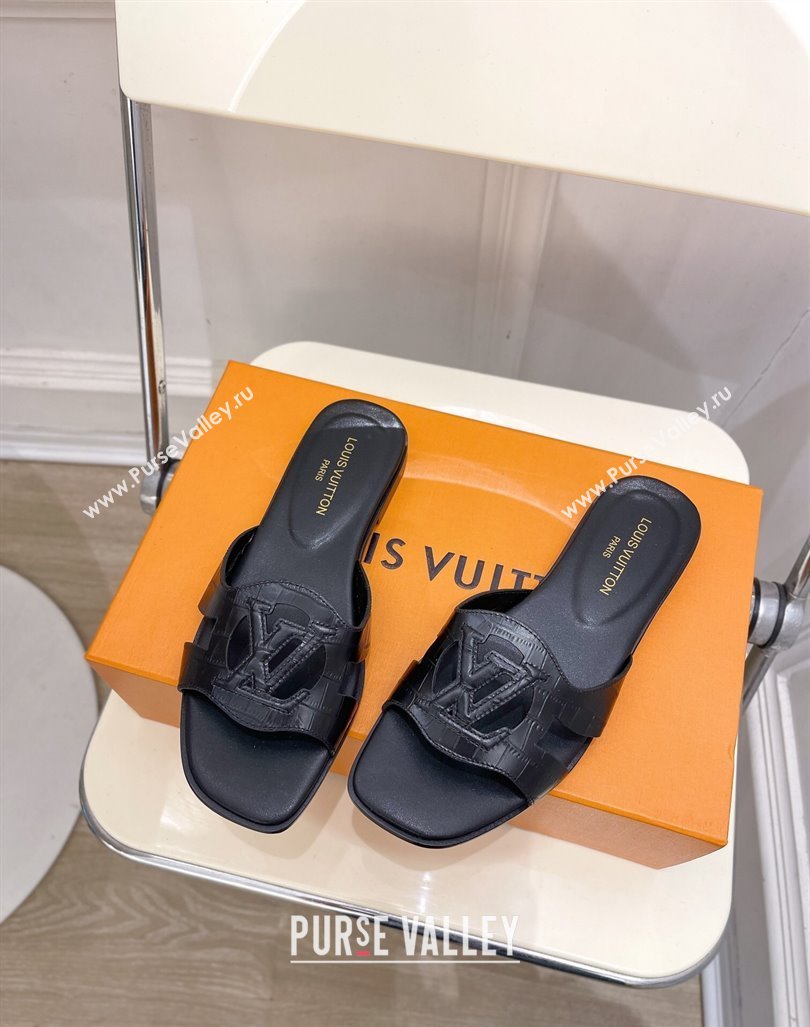 Louis Vuitton LV Isola Flat Slides Sandal in Embossed Leather Black 2024 0606 (MD-240606132)