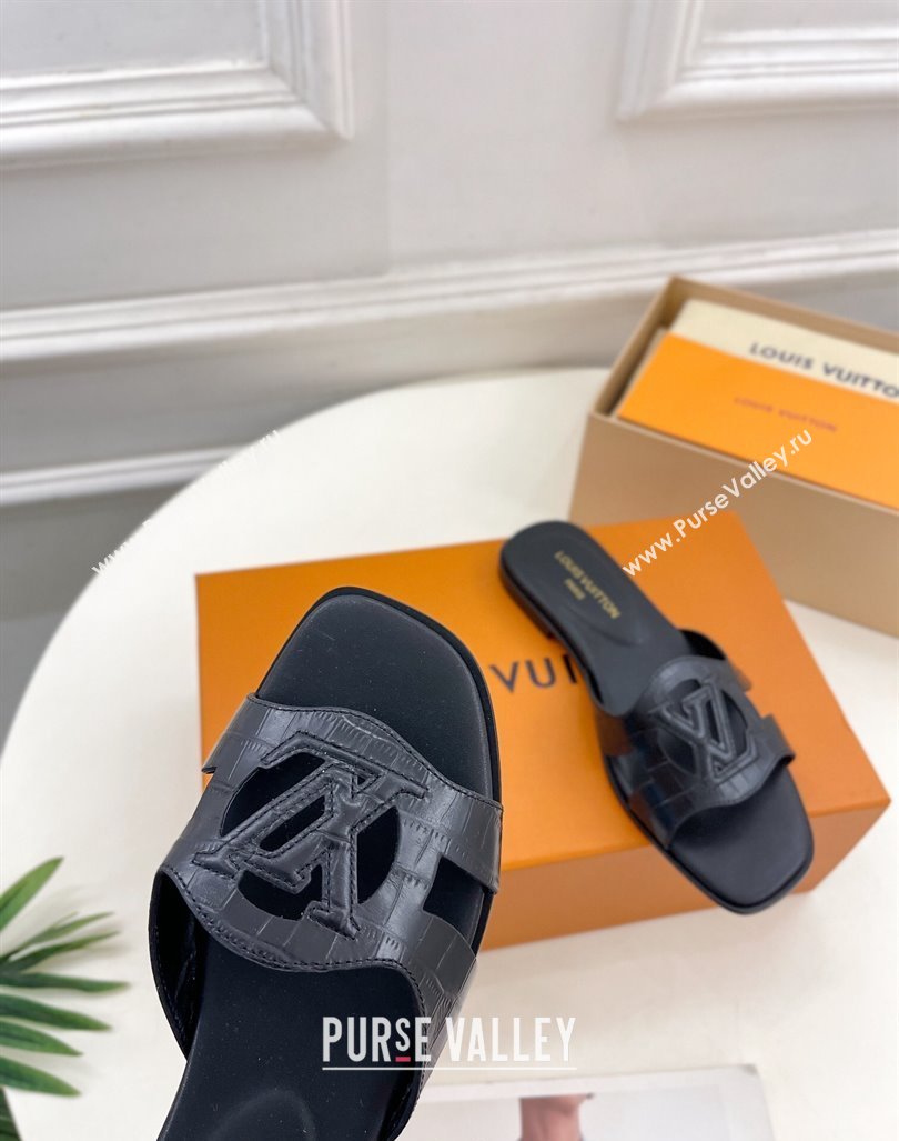 Louis Vuitton LV Isola Flat Slides Sandal in Embossed Leather Black 2024 0606 (MD-240606132)