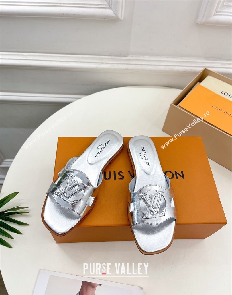 Louis Vuitton LV Isola Flat Slides Sandal in Embossed Leather Silver 2024 0606 (MD-240606133)