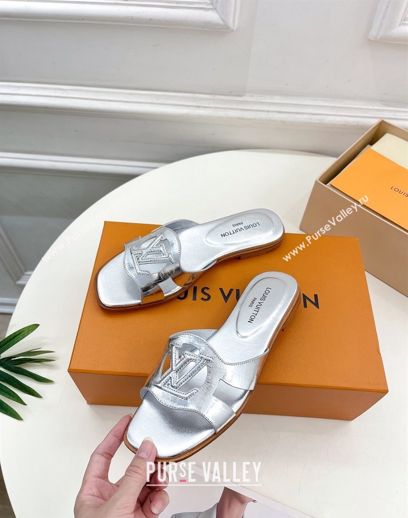 Louis Vuitton LV Isola Flat Slides Sandal in Embossed Leather Silver 2024 0606 (MD-240606133)