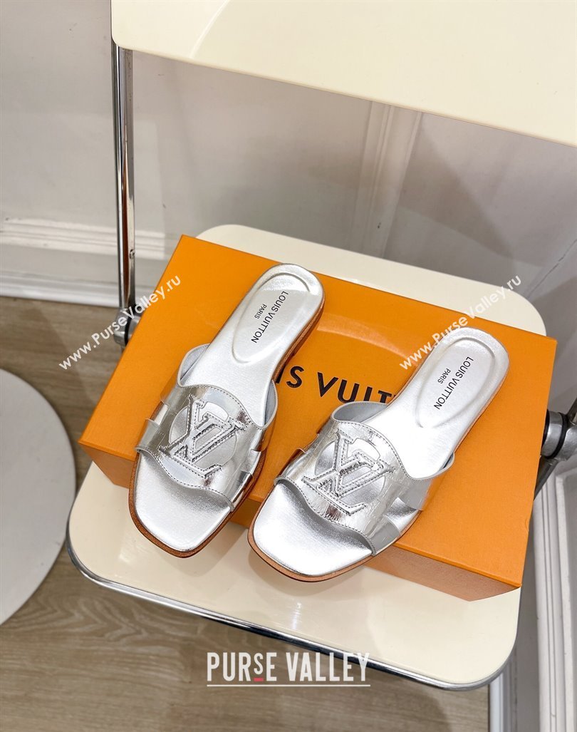 Louis Vuitton LV Isola Flat Slides Sandal in Embossed Leather Silver 2024 0606 (MD-240606133)