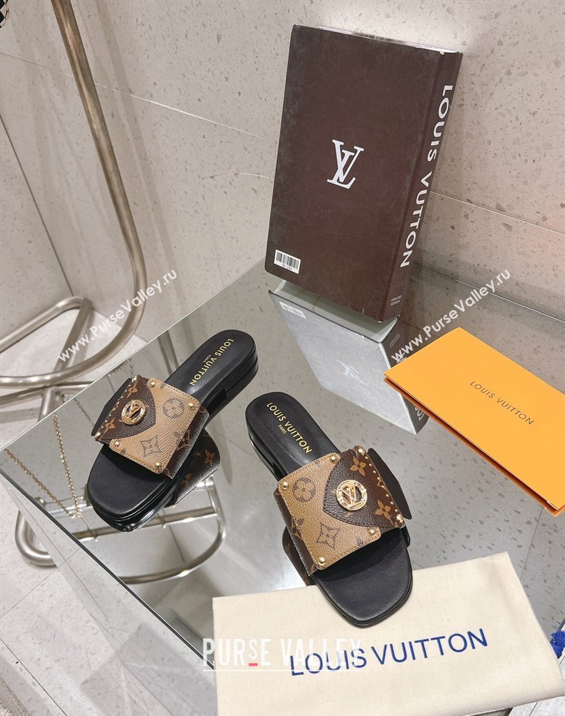 Louis Vuitton LV Frame Flat Slide Sandals in Monogram Dune Canavs with Studs Brown 2024 (MD-240606176)