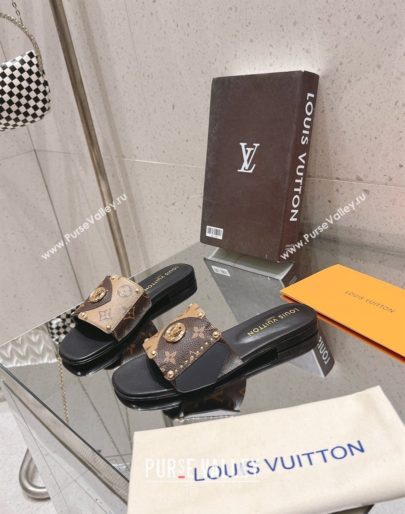 Louis Vuitton LV Frame Flat Slide Sandals in Monogram Dune Canavs with Studs Brown 2024 (MD-240606176)