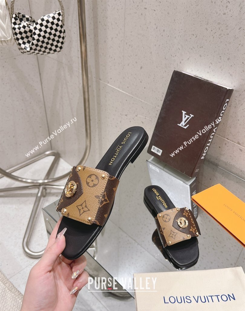 Louis Vuitton LV Frame Flat Slide Sandals in Monogram Dune Canavs with Studs Brown 2024 (MD-240606176)