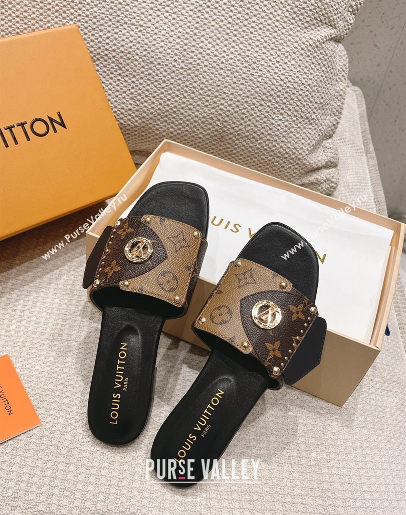 Louis Vuitton LV Frame Flat Slide Sandals in Monogram Dune Canavs with Studs Brown 2024 (MD-240606176)