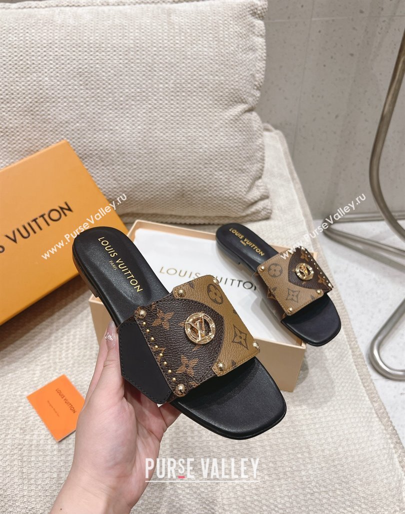 Louis Vuitton LV Frame Flat Slide Sandals in Monogram Dune Canavs with Studs Brown 2024 (MD-240606176)