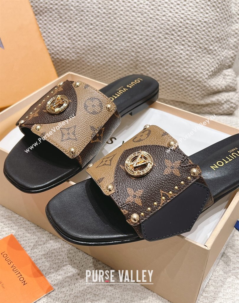 Louis Vuitton LV Frame Flat Slide Sandals in Monogram Dune Canavs with Studs Brown 2024 (MD-240606176)