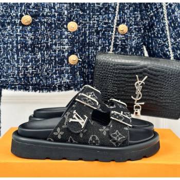 Louis Vuitton LV Flat Slide Sandals in Monogram Denim with Strap Black 2024 0606 (MD-240606177)