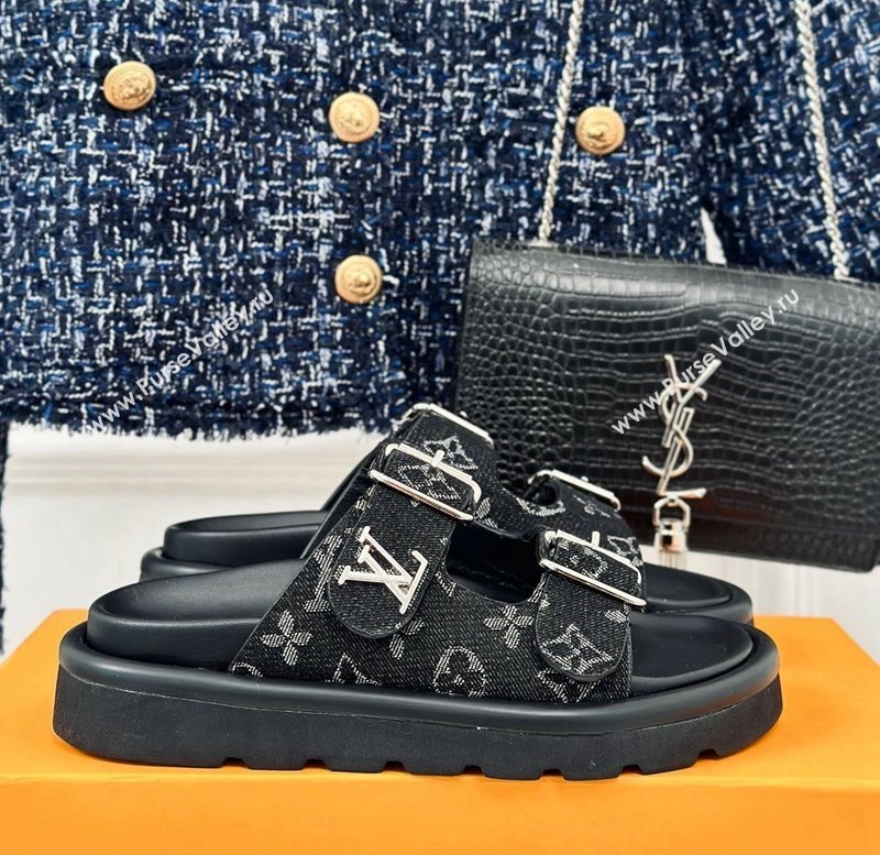 Louis Vuitton LV Flat Slide Sandals in Monogram Denim with Strap Black 2024 0606 (MD-240606177)