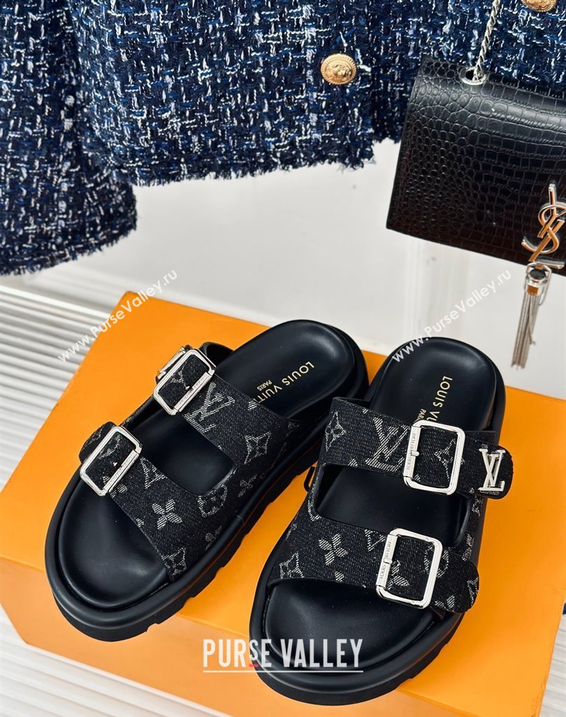 Louis Vuitton LV Flat Slide Sandals in Monogram Denim with Strap Black 2024 0606 (MD-240606177)