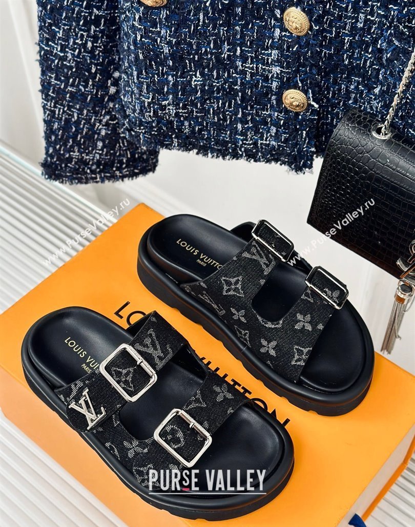 Louis Vuitton LV Flat Slide Sandals in Monogram Denim with Strap Black 2024 0606 (MD-240606177)