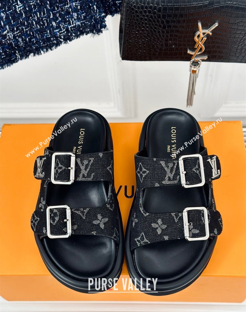 Louis Vuitton LV Flat Slide Sandals in Monogram Denim with Strap Black 2024 0606 (MD-240606177)