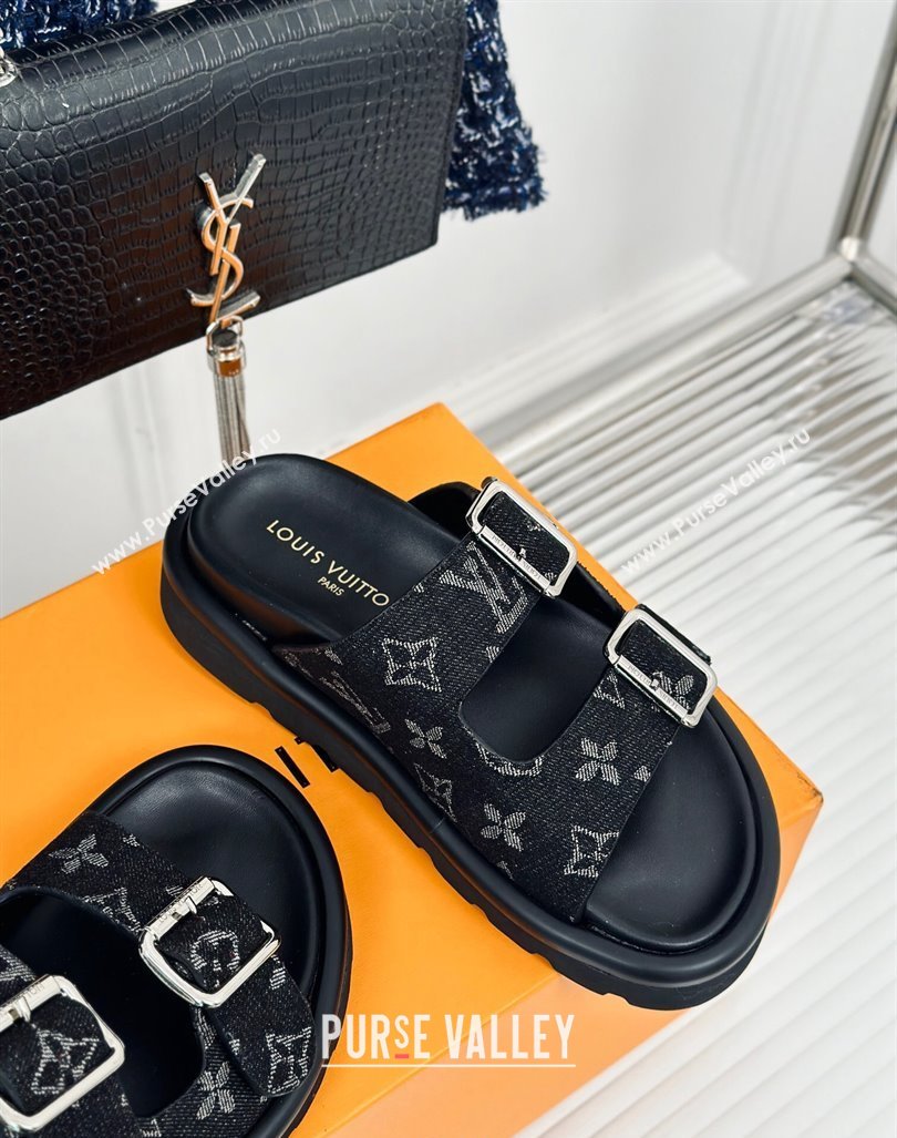 Louis Vuitton LV Flat Slide Sandals in Monogram Denim with Strap Black 2024 0606 (MD-240606177)