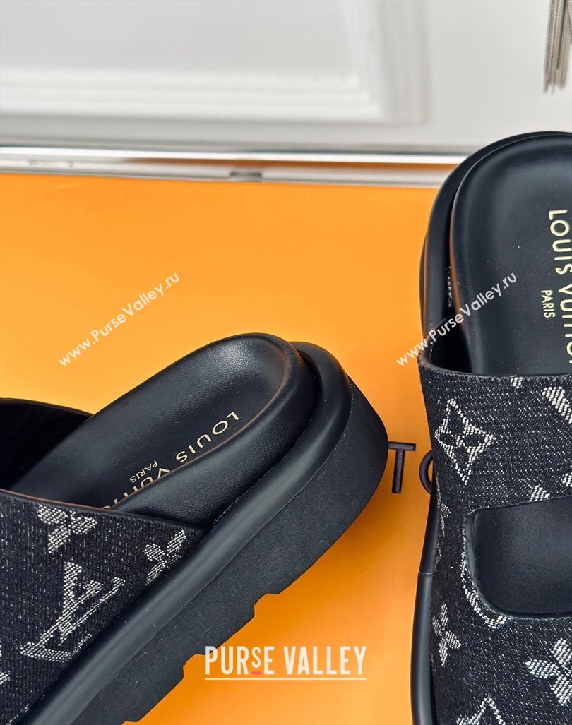 Louis Vuitton LV Flat Slide Sandals in Monogram Denim with Strap Black 2024 0606 (MD-240606177)