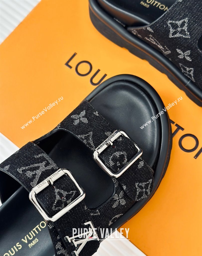 Louis Vuitton LV Flat Slide Sandals in Monogram Denim with Strap Black 2024 0606 (MD-240606177)