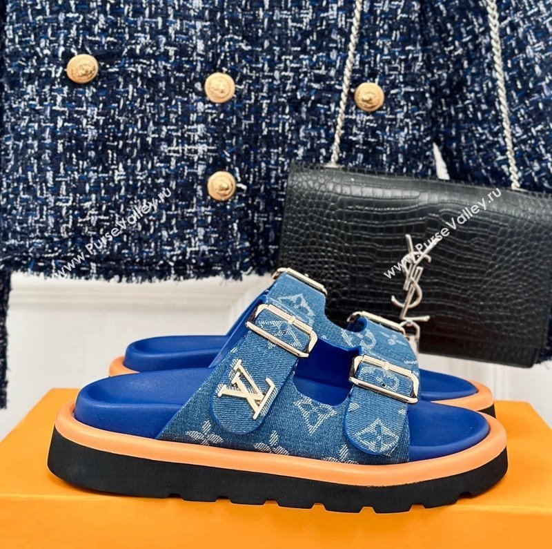 Louis Vuitton LV Flat Slide Sandals in Monogram Denim with Strap Blue 2024 0606 (MD-240606179)