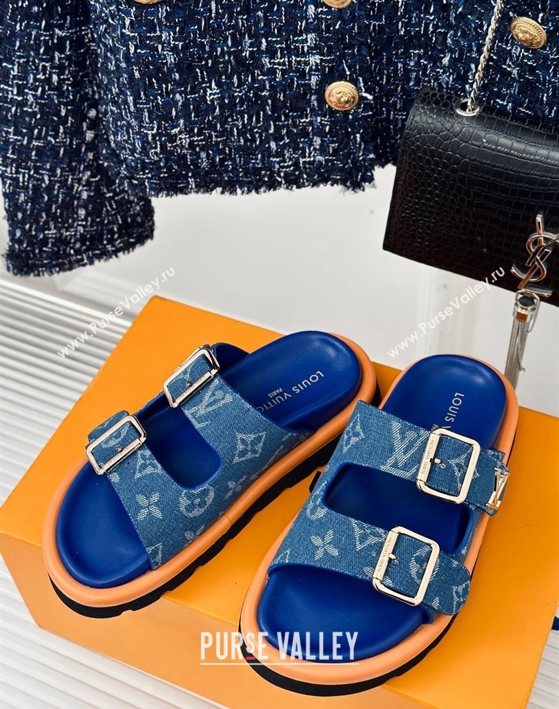 Louis Vuitton LV Flat Slide Sandals in Monogram Denim with Strap Blue 2024 0606 (MD-240606179)