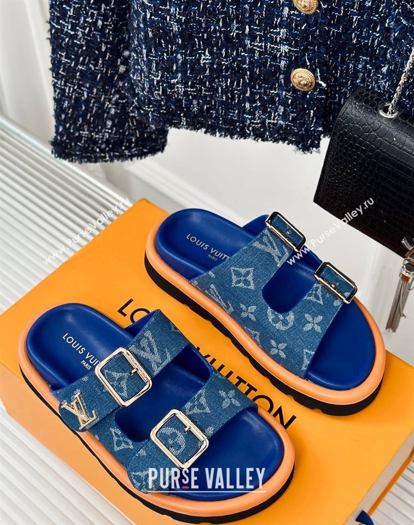 Louis Vuitton LV Flat Slide Sandals in Monogram Denim with Strap Blue 2024 0606 (MD-240606179)