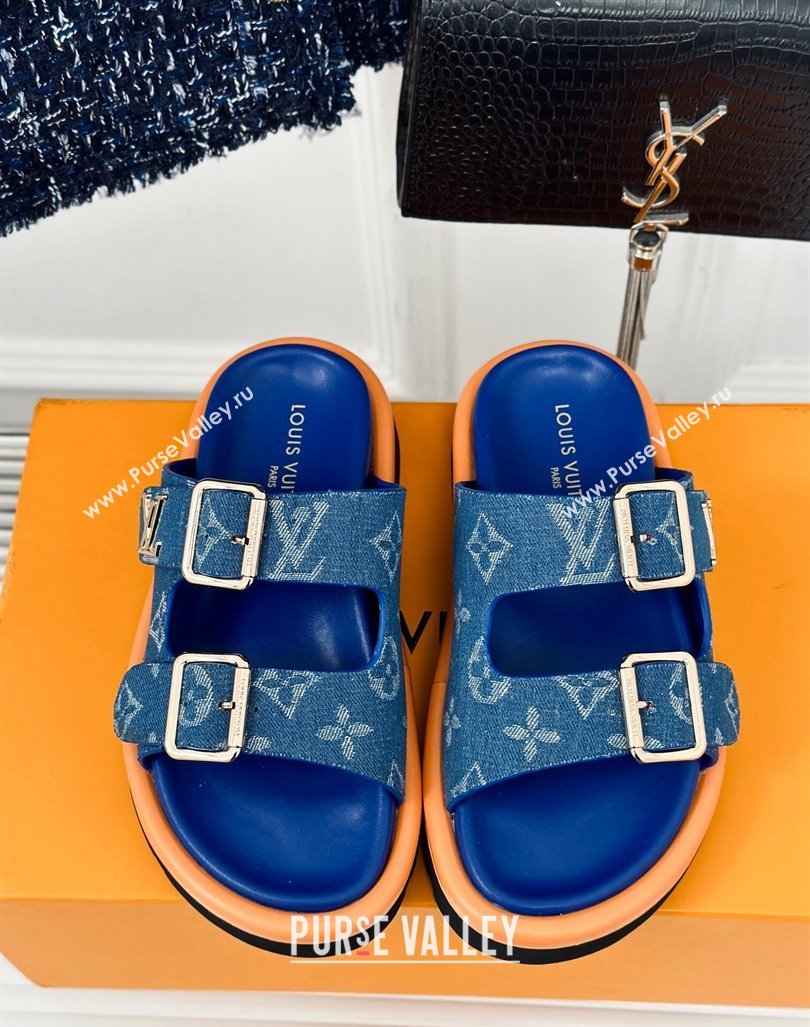 Louis Vuitton LV Flat Slide Sandals in Monogram Denim with Strap Blue 2024 0606 (MD-240606179)