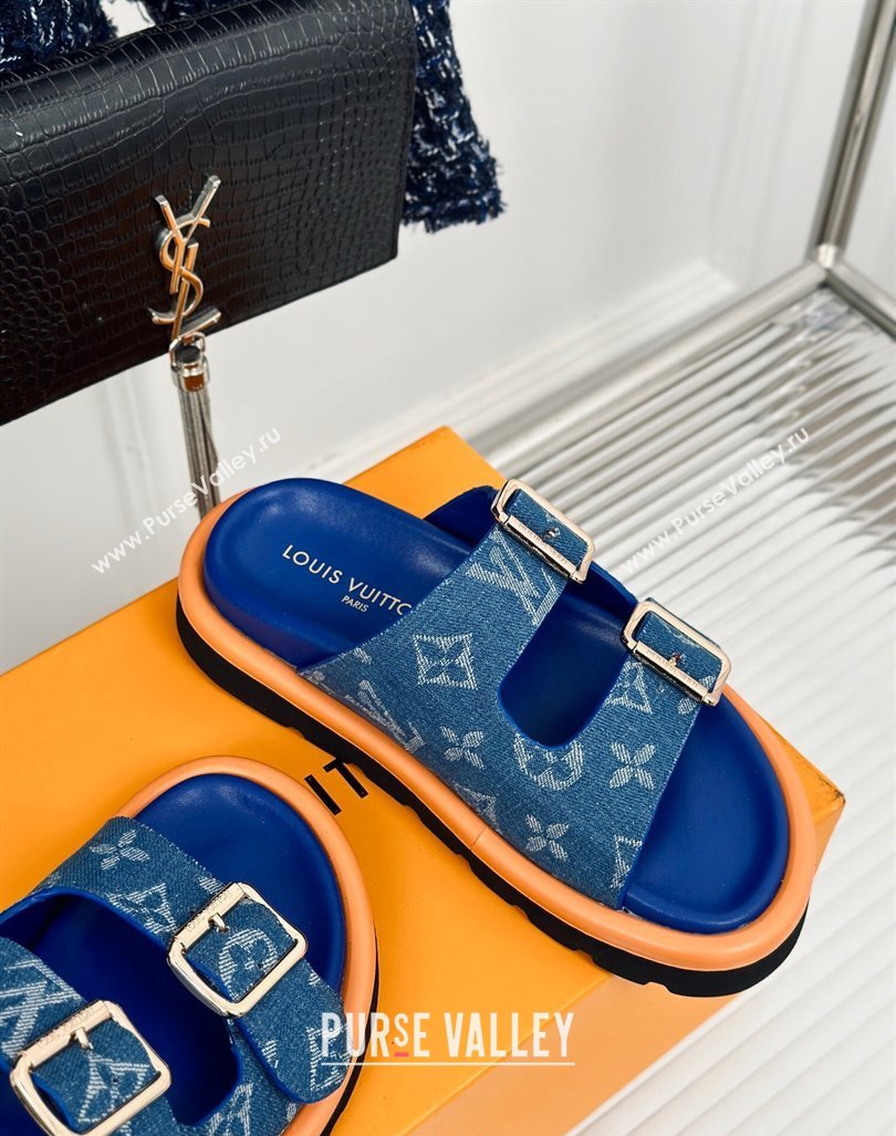 Louis Vuitton LV Flat Slide Sandals in Monogram Denim with Strap Blue 2024 0606 (MD-240606179)