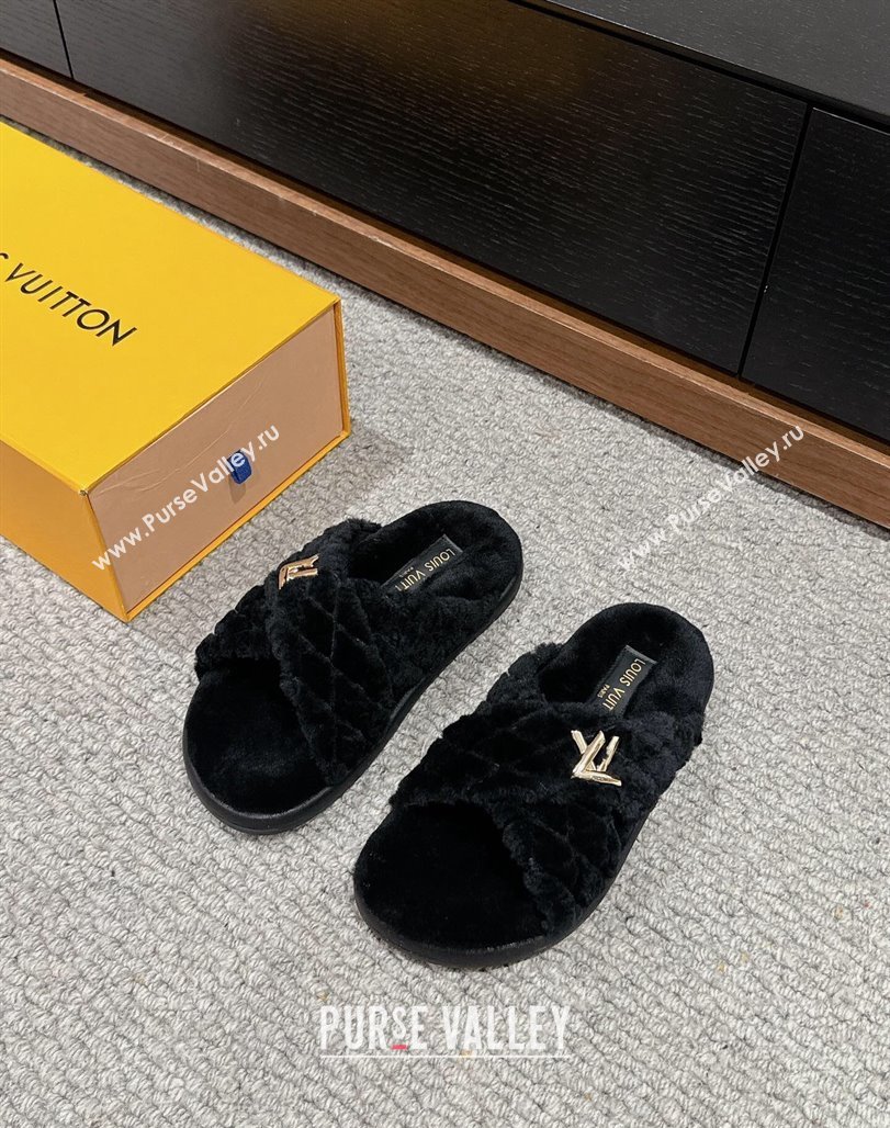 Louis Vuitton LV Bliss Comfort Flat Slides Sandals in Wool Black 2024 0703 (SS-240703080)