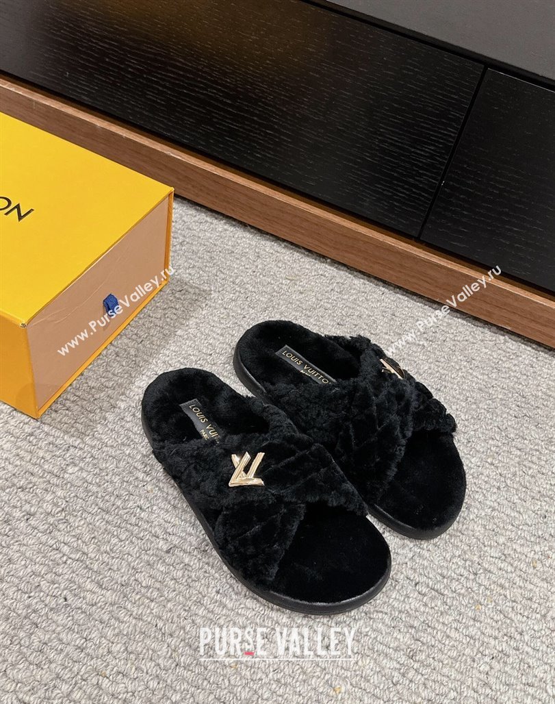 Louis Vuitton LV Bliss Comfort Flat Slides Sandals in Wool Black 2024 0703 (SS-240703080)