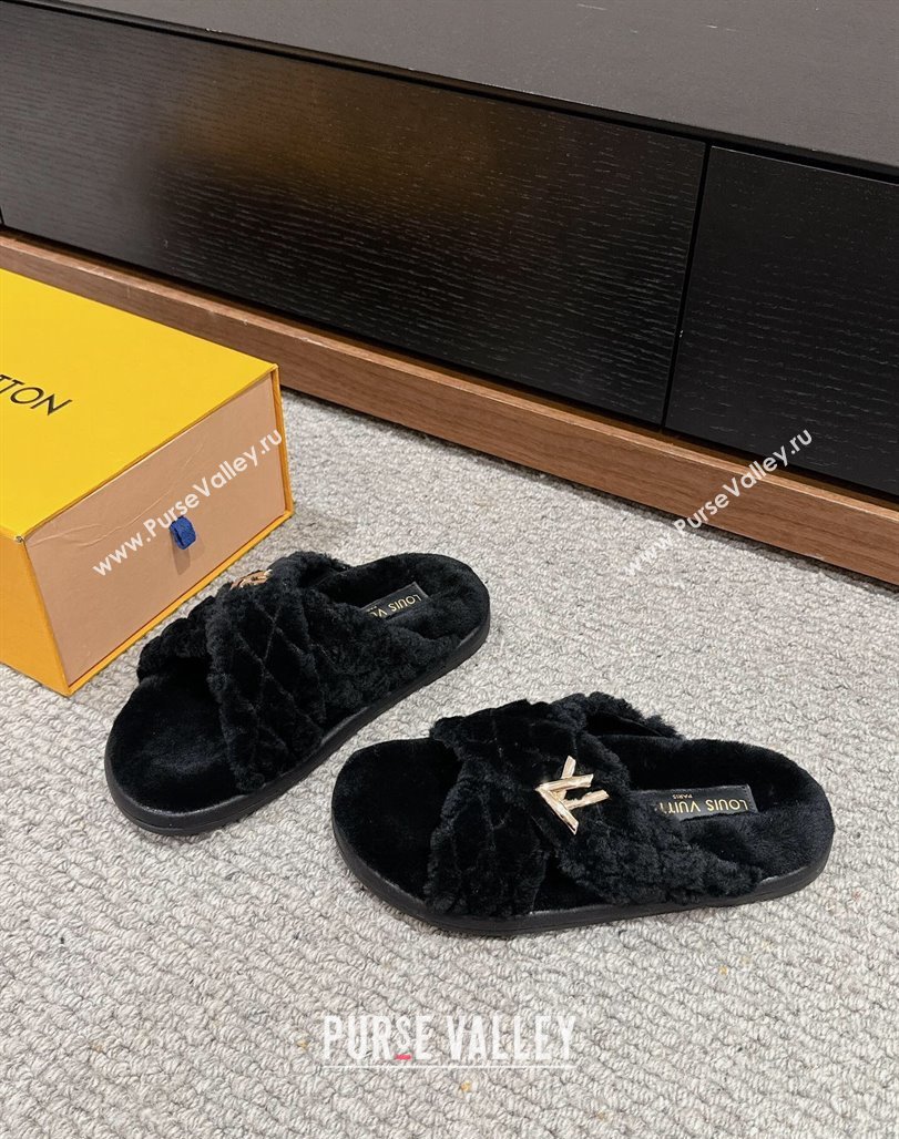 Louis Vuitton LV Bliss Comfort Flat Slides Sandals in Wool Black 2024 0703 (SS-240703080)