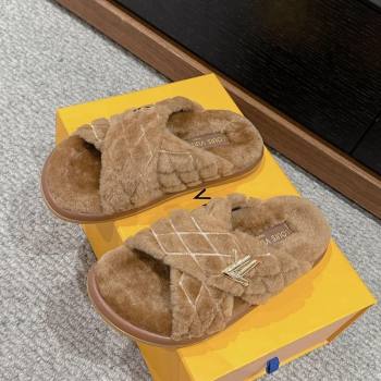 Louis Vuitton LV Bliss Comfort Flat Slides Sandals in Wool Camel Brown 2024 0703 (SS-240703082)