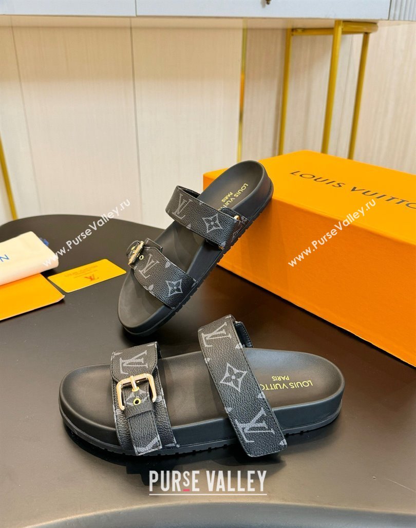 Louis Vuitton Bom Dia Flat Comfort Slides Sandals in Monogram Canvas Black 2024 0703 (MD-240703083)