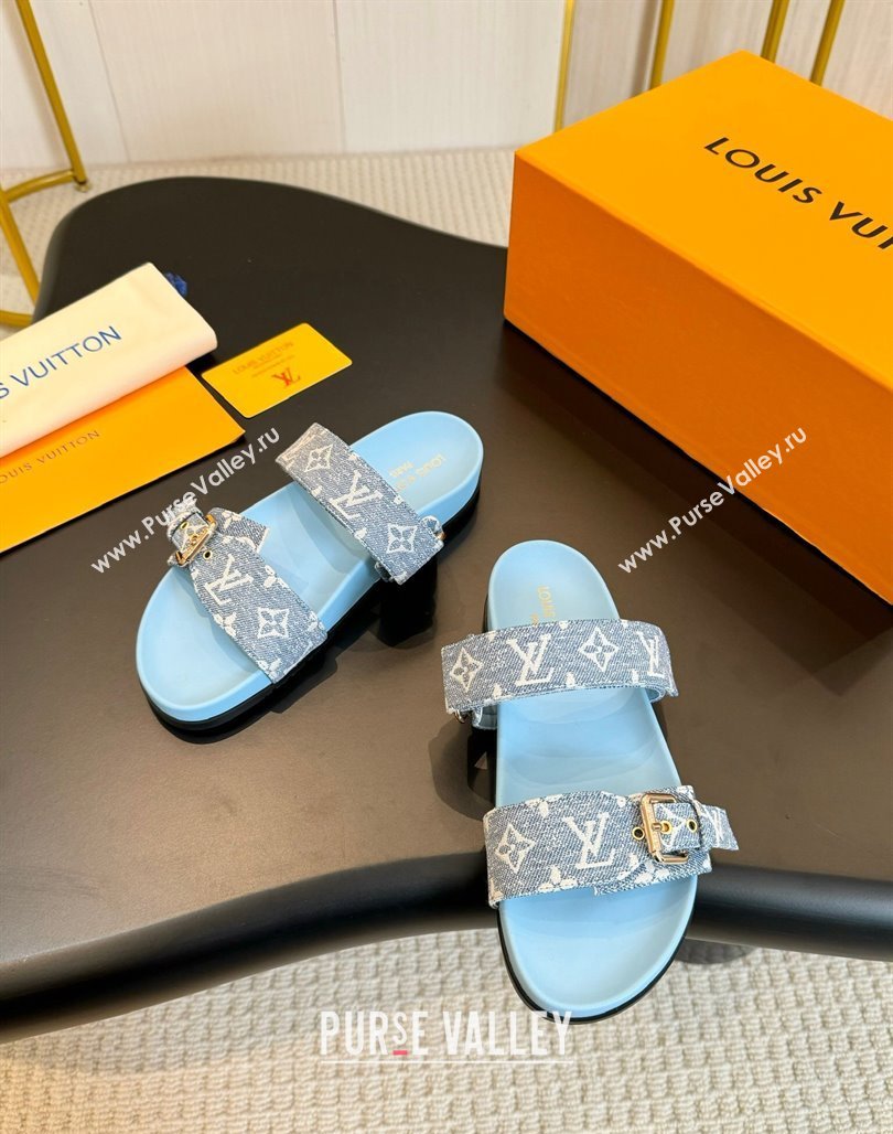 Louis Vuitton Bom Dia Flat Comfort Slides Sandals in Monogram Denim Pale Blue 2024 0703 (MD-240703084)