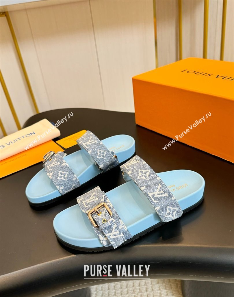 Louis Vuitton Bom Dia Flat Comfort Slides Sandals in Monogram Denim Pale Blue 2024 0703 (MD-240703084)