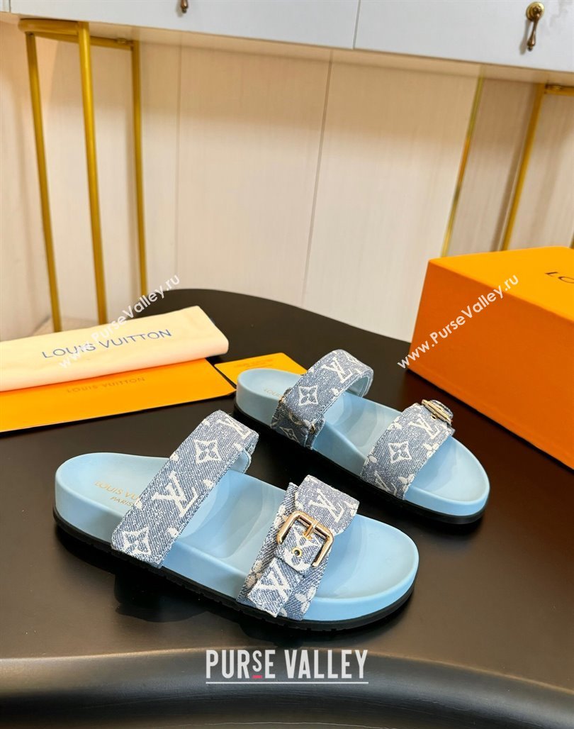 Louis Vuitton Bom Dia Flat Comfort Slides Sandals in Monogram Denim Pale Blue 2024 0703 (MD-240703084)