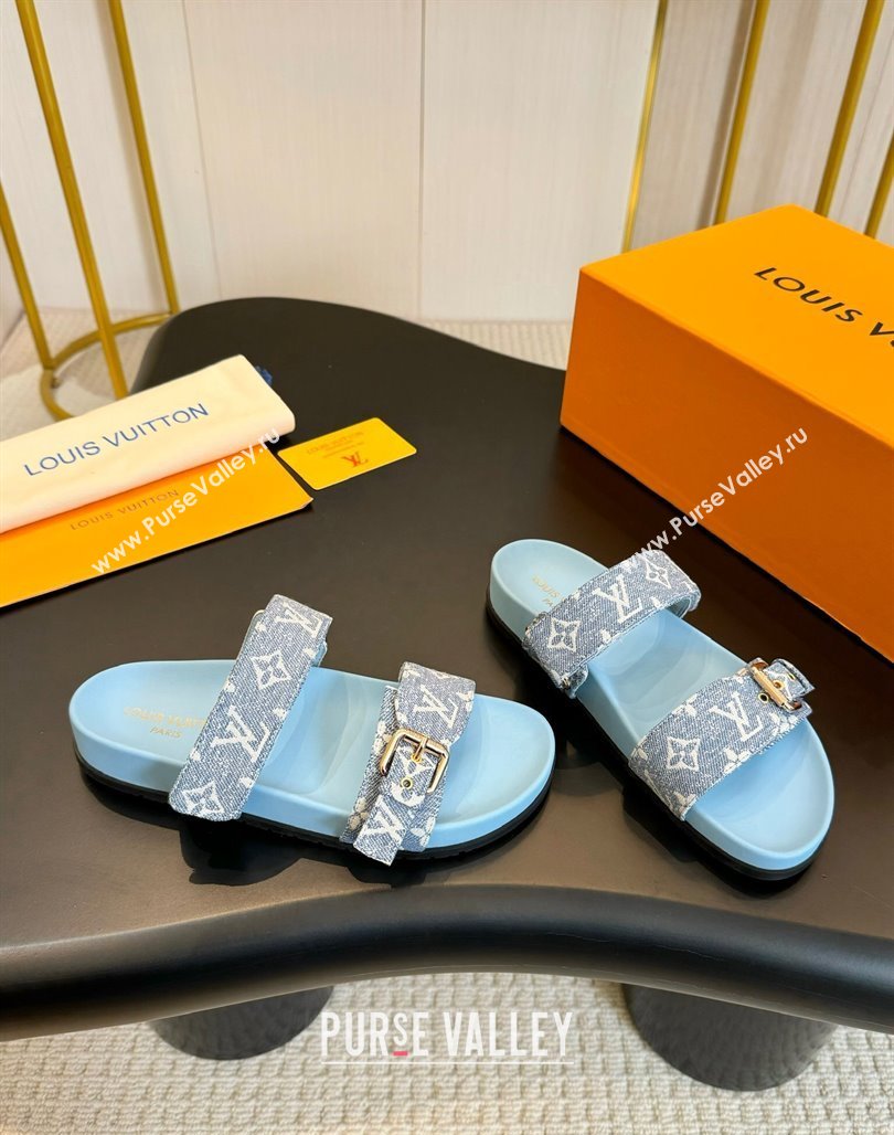 Louis Vuitton Bom Dia Flat Comfort Slides Sandals in Monogram Denim Pale Blue 2024 0703 (MD-240703084)