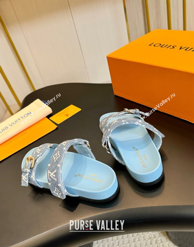 Louis Vuitton Bom Dia Flat Comfort Slides Sandals in Monogram Denim Pale Blue 2024 0703 (MD-240703084)