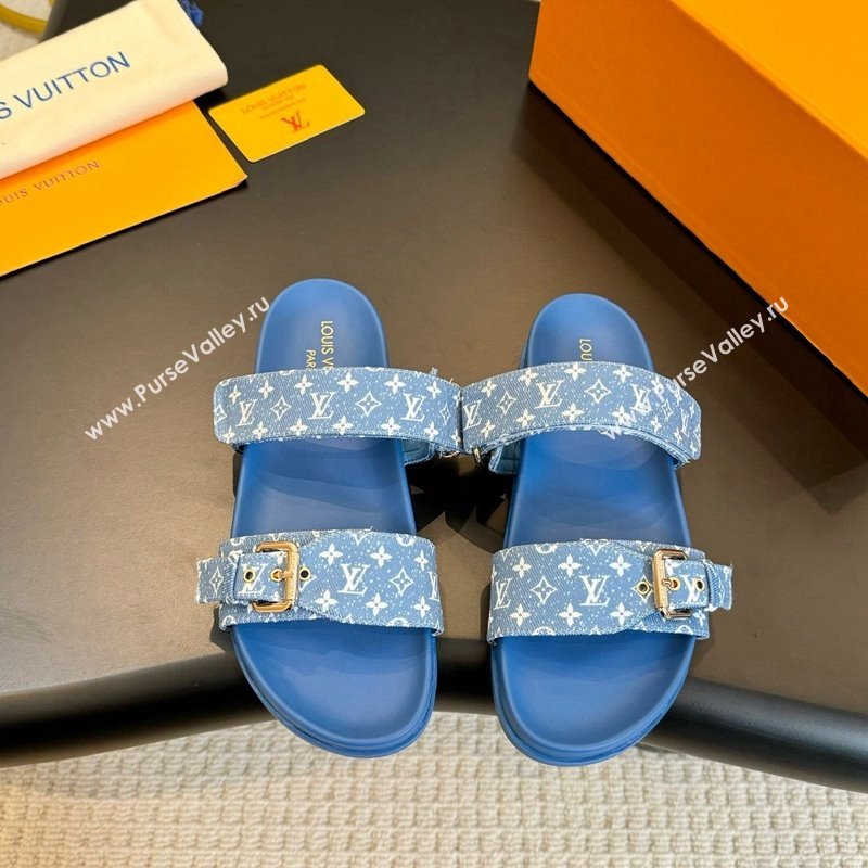 Louis Vuitton Bom Dia Flat Comfort Slides Sandals in Monogram Denim Light Blue 2024 0703 (MD-240703085)