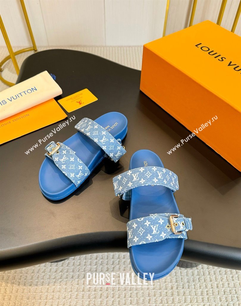 Louis Vuitton Bom Dia Flat Comfort Slides Sandals in Monogram Denim Light Blue 2024 0703 (MD-240703085)