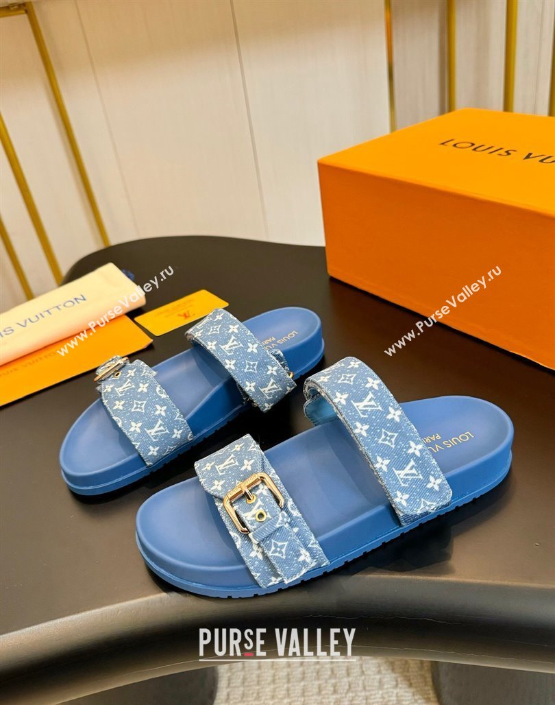 Louis Vuitton Bom Dia Flat Comfort Slides Sandals in Monogram Denim Light Blue 2024 0703 (MD-240703085)