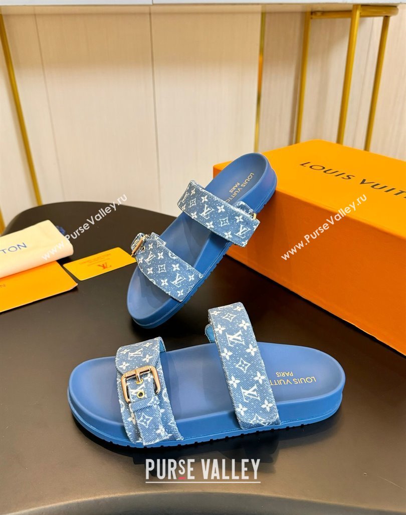 Louis Vuitton Bom Dia Flat Comfort Slides Sandals in Monogram Denim Light Blue 2024 0703 (MD-240703085)