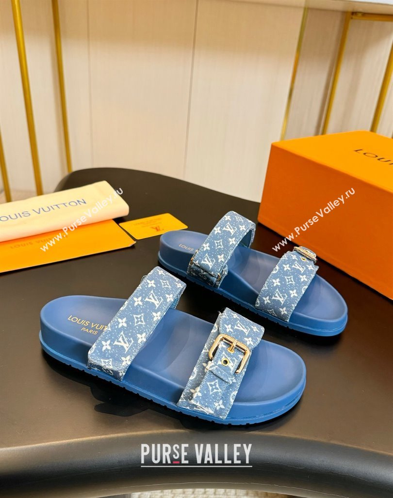 Louis Vuitton Bom Dia Flat Comfort Slides Sandals in Monogram Denim Light Blue 2024 0703 (MD-240703085)