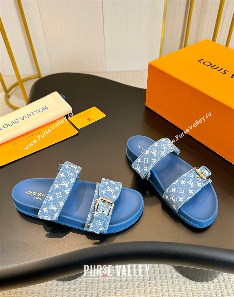 Louis Vuitton Bom Dia Flat Comfort Slides Sandals in Monogram Denim Light Blue 2024 0703 (MD-240703085)