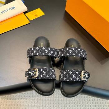 Louis Vuitton Bom Dia Flat Comfort Slides Sandals in Monogram Denim Black 2024 0703 (MD-240703086)