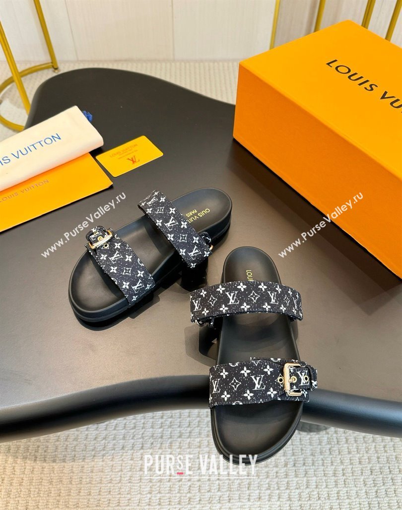 Louis Vuitton Bom Dia Flat Comfort Slides Sandals in Monogram Denim Black 2024 0703 (MD-240703086)